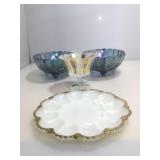 Pair of Carnival bowls w/milk glass egg plate and