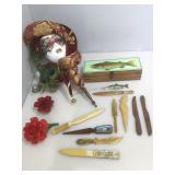 Signed Mardi Gras mask Wood letter openers in box,