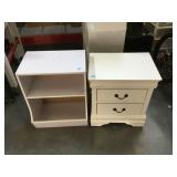 White nightstand and side bookshelf