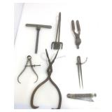 Vintage metal tools incl. Ice tongs and more