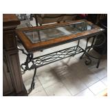 Wood Hall table w/glass top and metal frame,