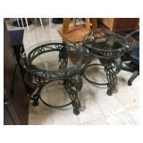 Pair of metal side tables w/round glass top,