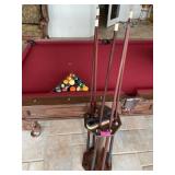 Pool Cues and Balls with Stand and Accessories.