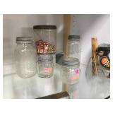 GROUP OF JARS WITH GALVANIZED LIDS, VINTAGE DICE
