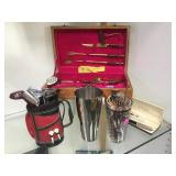 VINTAGE BAR SET, PARKER PEN IN CASE & GOLF BOTTLE