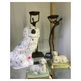 LARGE STAFFORDSHIRE DOG, & METAL FIIGURINES