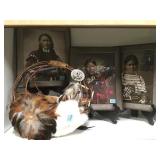 3 NATIVE AMERICAN PORTRAITS & DECORATIVE BASKET