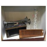 SHELF OF VINTAGE CIGAR MOLDS, HORNS, METAL TRUNK