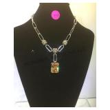 STERLING NECKLACE WITH AMBER COLORED GEMSTONES