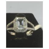 EMERALD CUT AQUAMARINE & WHITE SAPPHIRE RING