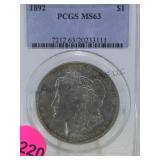 1892 PCGS MS63 MORGAN SILVER DOLLAR