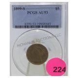 1899-S PCGS AU53  $5 GOLD COIN HALF EAGLE