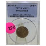 1935 LB PCGS MS65  SWITZERLAND 20FR GOLD COIN