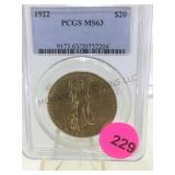1922 PCGS MS63 GOLD SAINT GAUDENS $20 GOLD COIN