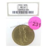 1922 MS61 GOLD SAINT GAUDENS $20 GOLD COIN