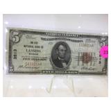 1929  NATIONAL NOTE FIVE DOLLAR LANSING BANK