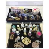 2 TRAYS, THIMBLES, MINIATURE ANIMALS & MORE
