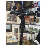 CARVED WOOD BLACK 4' TALL CRUCIFIXION CROSS