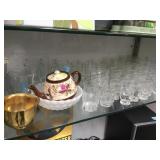 SHELF LOT OF GLASSES, TEAPOT & MORE