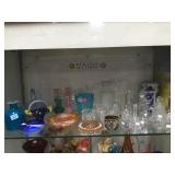 SHELF LOT OF ART GLASS VASES, CRYSTAL BELLS
