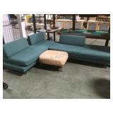 VINTAGE GREEN CORNER SOFA W/ ANTIQUE OTTOMAN ON