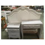WHITE HEADBOARD, FOOTBOARD & SMALL GREY DESK