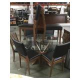 ROUND GLASS TABLE WITH WALNUT BASE & 6