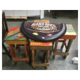 HARDROCK FELT TABLE TOP & 4 HAND PAINTED STOOLS
