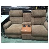 BROWN LOVESEAT RECLINERS WITH ATTACHED TABLE