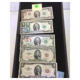 TRAY LOT OF STAMPED $2 BILLS & 1953 $5 TRAY LOT OF STAMPED $2 BILLS & 1953 $5
