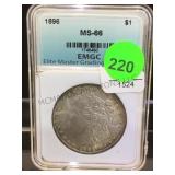 1896 MORGAN SILVER DOLLAR, CASED & GRADED 1896 MORGAN SILVER DOLLAR, CASED & GRADED