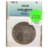 1881-S MORGAN SILVER DOLLAR, CASED & GRADED 1881-S MORGAN SILVER DOLLAR, CASED & GRADED