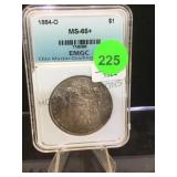 1884-O MORGAN SILVER DOLLAR, CASED & GRADED 1884-O MORGAN SILVER DOLLAR, CASED & GRADED