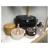 VINTAGE ROASTING PAN, WHISKEY JUG, PESTLE & MORTAR VINTAGE ROASTING PAN, WHISKEY JUG, PESTLE & MORTAR