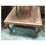 INTRICATLY CARVED WOOD TABLE WITH GLASS TOP INTRICATLY CARVED WOOD TABLE WITH GLASS TOP