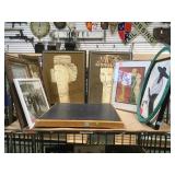 CART TOP W/ VINTAGE ARTWORK FRAMED PHOTOS & CART TOP W/ VINTAGE ARTWORK FRAMED PHOTOS &