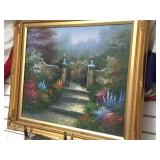 GILT FRAMED OIL ON CANVAS GARDEN PAINTING