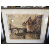 ANTIQUE  BLOCK PRINT ,CANAL SCENE SIGNED,  32X28