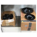 BOX OF PLASTIC CASTERS & A BOX OF  BLACK DISHES