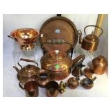 ASSORTMENT OF COPPER TEAPOTS, CUPS, TRAY & MORE ASSORTMENT OF COPPER TEAPOTS, CUPS, TRAY & MORE