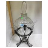 APOTHECARY GLASS JAR WITH A LID ON A METAL BASE, 2 APOTHECARY GLASS JAR WITH A LID ON A METAL BASE, 2