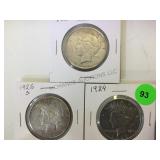 1924,1925,1926 SILVER PEACE DOLLARS, 3XMONEY