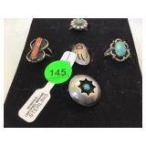 5 STERLING/TURQUOISE/CORAL NATIVE AMERICAN RINGS