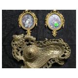 BRASS INKWELL & 2 BRASS FLORAL PICTURES BRASS INKWELL & 2 BRASS FLORAL PICTURES
