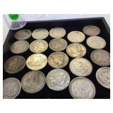TRAY OF MORGAN & PEACE SILVER DOLLARS, 20XMONEY TRAY OF MORGAN & PEACE SILVER DOLLARS, 20XMONEY