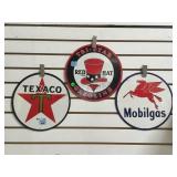 LOT OF 3 ENAMELED GASOLINE SIGNS, TEXACO, RED HAT LOT OF 3 ENAMELED GASOLINE SIGNS, TEXACO, RED HAT
