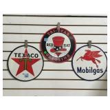 LOT OF 3 ENAMELED GASOLINE SIGNS, TEXACO, RED HAT