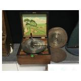 ANTIQUE KALIOPE DISC MUSIC BOX WITH ORIGINAL DISCS