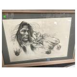 FRAMED & MATTED PENCIL DRAWN NATIVE AMERICAN,