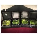 4 GREEN GLASS PAPERWEIGHTS WITH BOXES